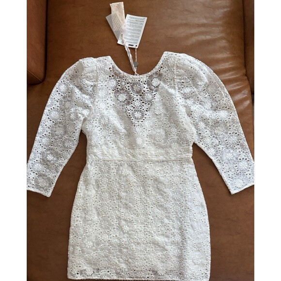 LoveShackFancy Faye White Lace Puff Sleeve Mini Dress Size 6 NWT - Picture 10 of 11